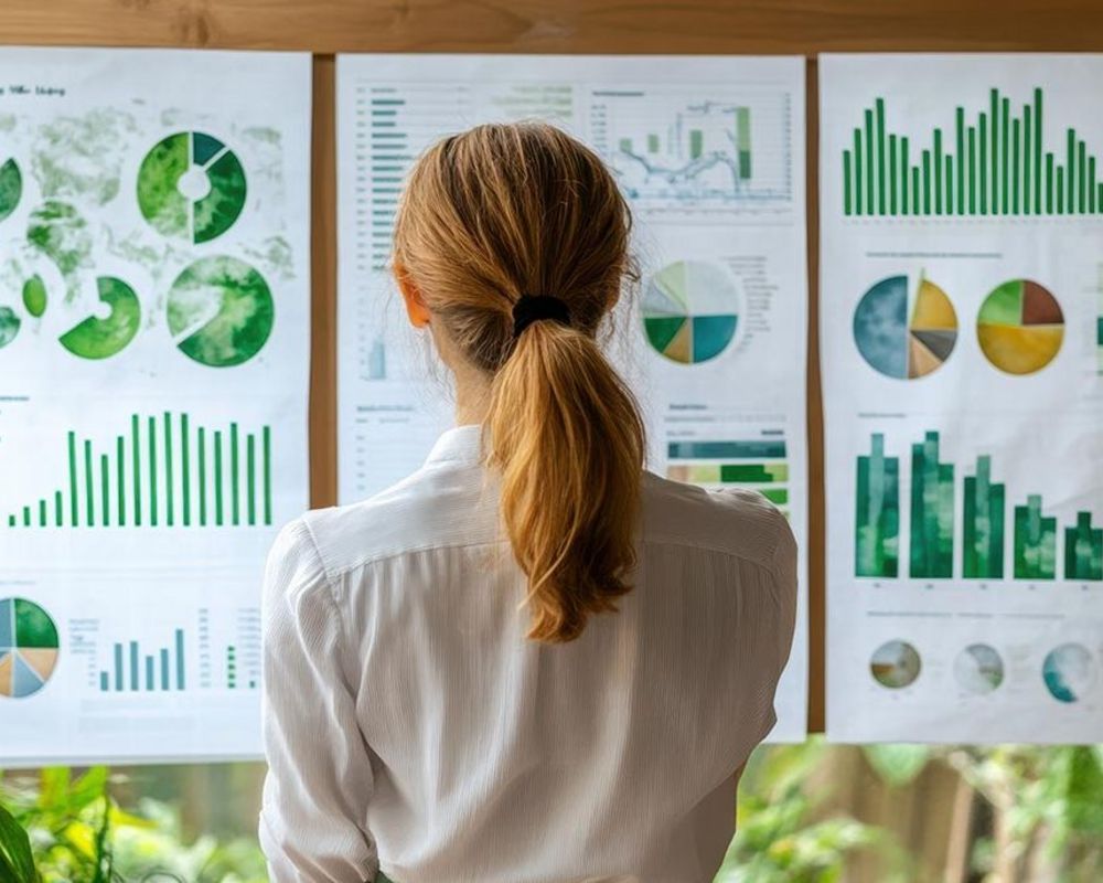 CSRD Managerin prueft Nachhaltigkeit-Reportings 